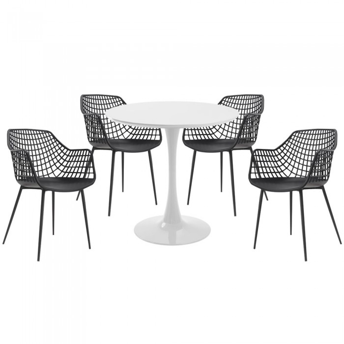 Set mobila bucatarie RAKI, masa rotunda alba D80xh76cm Nikko si 4 scaune polipropilena/picioare metalice Toyama negre