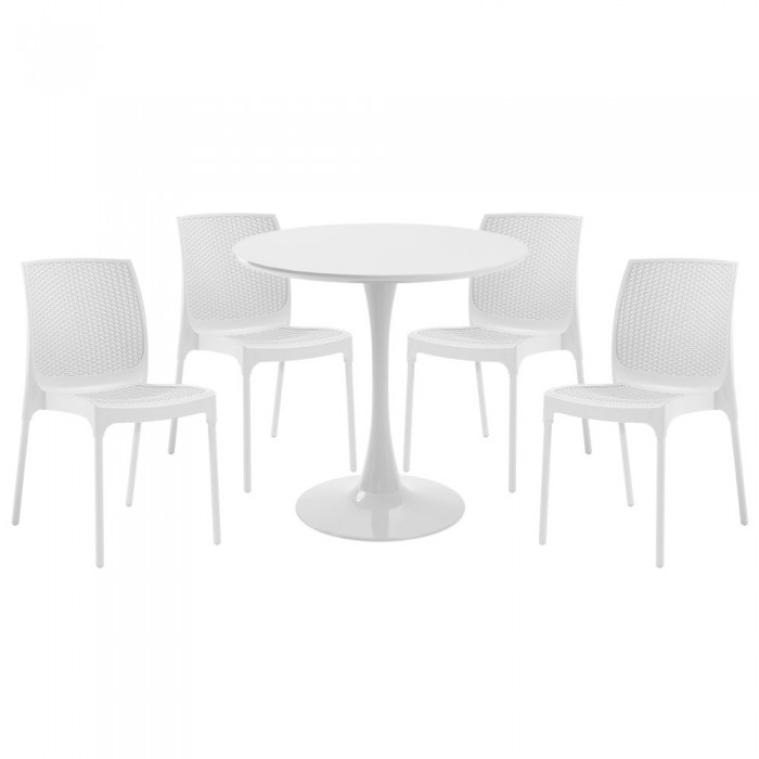 Set mobila bucatarie RAKI, masa rotunda alba D80xh76cm Nikko si 4 scaune polipropilena Sunny Rattan albe