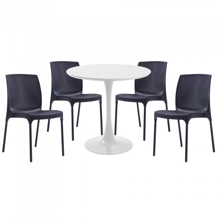 Set mobila bucatarie RAKI, masa rotunda alba D80xh76cm Nikko si 4 scaune polipropilena Sunny Rattan antracit