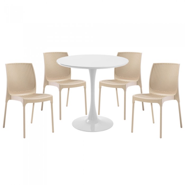 Set mobila bucatarie RAKI, masa rotunda alba D80xh76cm Nikko si 4 scaune polipropilena Sunny Rattan cappuccino