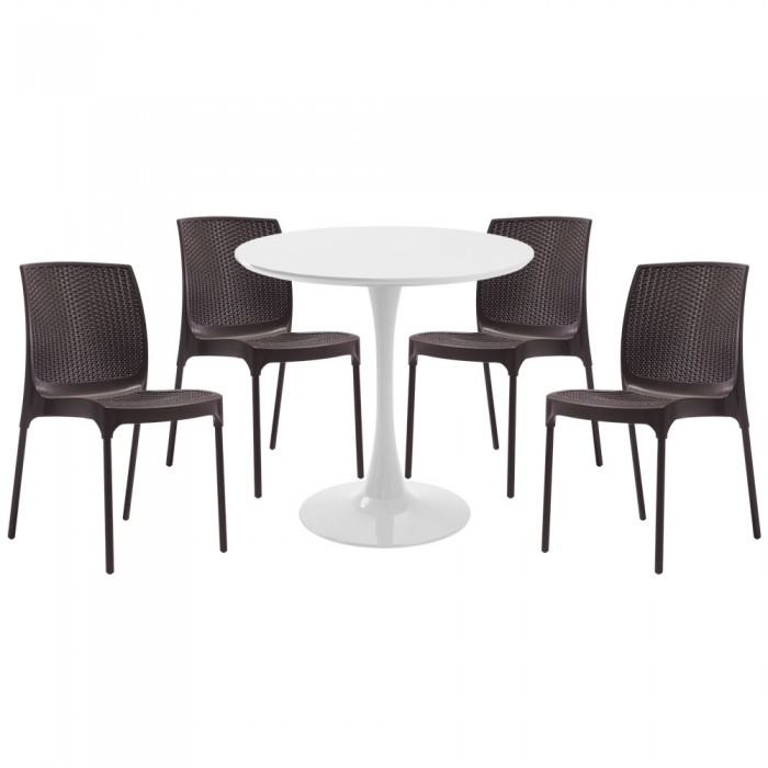 Set mobila bucatarie RAKI, masa rotunda alba D80xh76cm Nikko si 4 scaune polipropilena Sunny Rattan maro