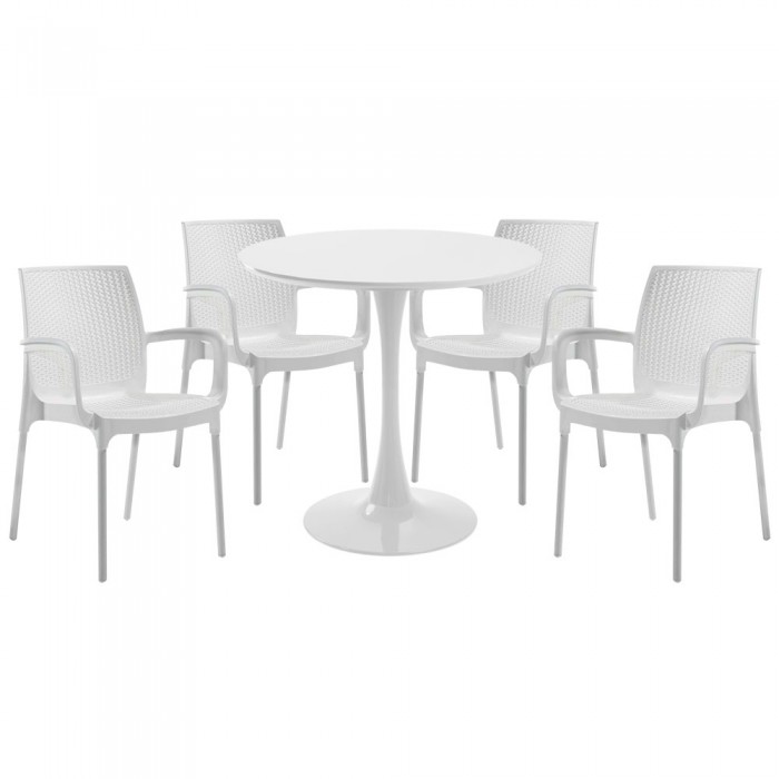 Set mobila bucatarie RAKI, masa rotunda alba D80xh76cm Nikko si 4 scaune polipropilena Sunset Rattan albe