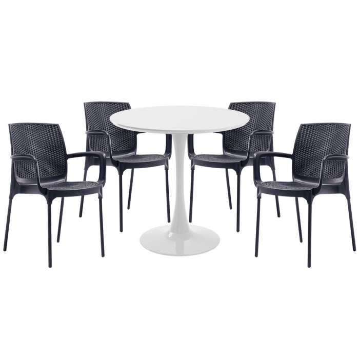 Set mobila bucatarie RAKI, masa rotunda alba D80xh76cm Nikko si 4 scaune polipropilena Sunset Rattan antracit