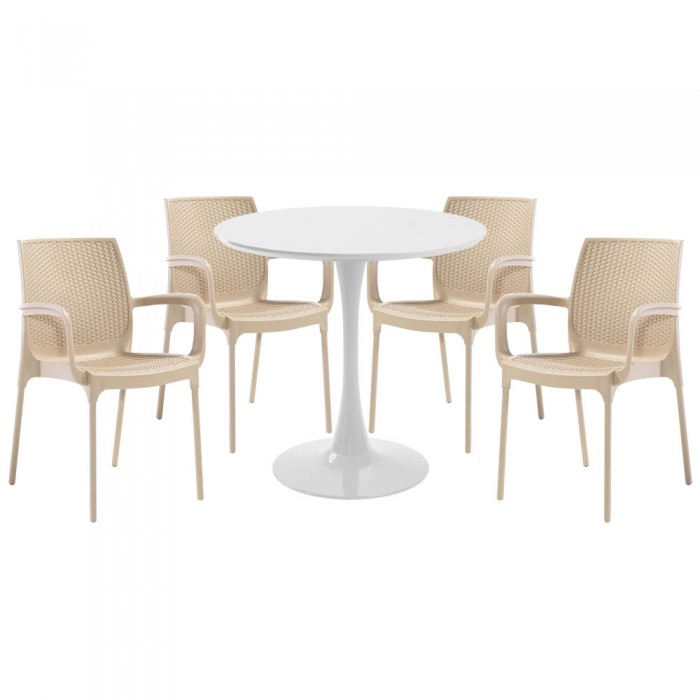 Set mobila bucatarie RAKI, masa rotunda alba D80xh76cm Nikko si 4 scaune polipropilena Sunset Rattan cappuccino