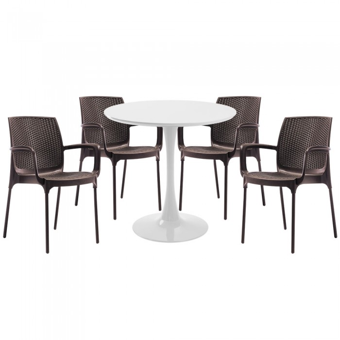 Set mobila bucatarie RAKI, masa rotunda alba D80xh76cm Nikko si 4 scaune polipropilena Sunset Rattan maro