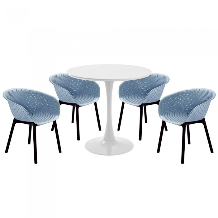 Set mobila bucatarie RAKI, masa rotunda alba D80xh76cm Nikko si 4 scaune polipropilena tip fotoliu Havana albastre