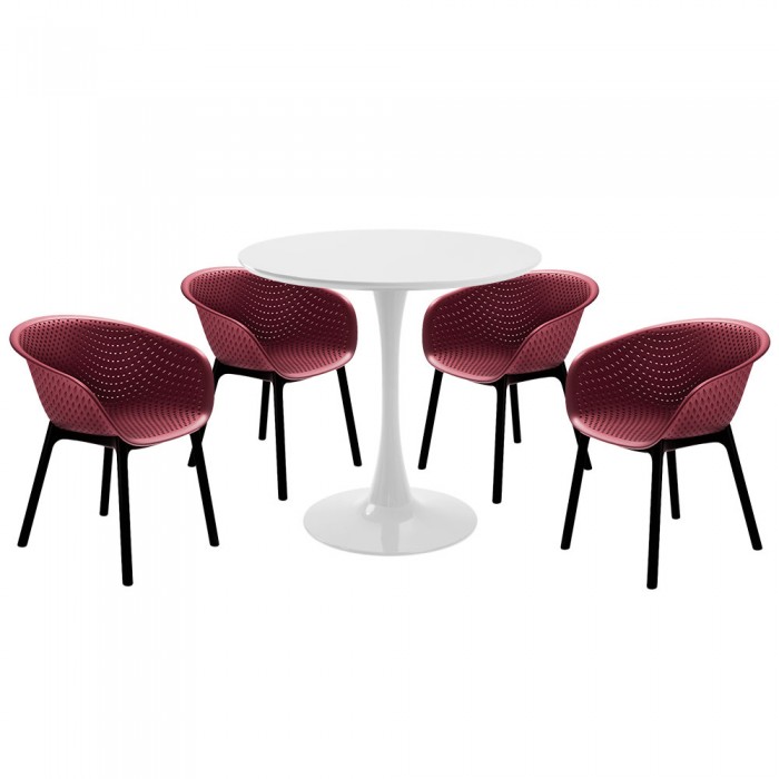 Set mobila bucatarie RAKI, masa rotunda alba D80xh76cm Nikko si 4 scaune polipropilena tip fotoliu Havana bordo