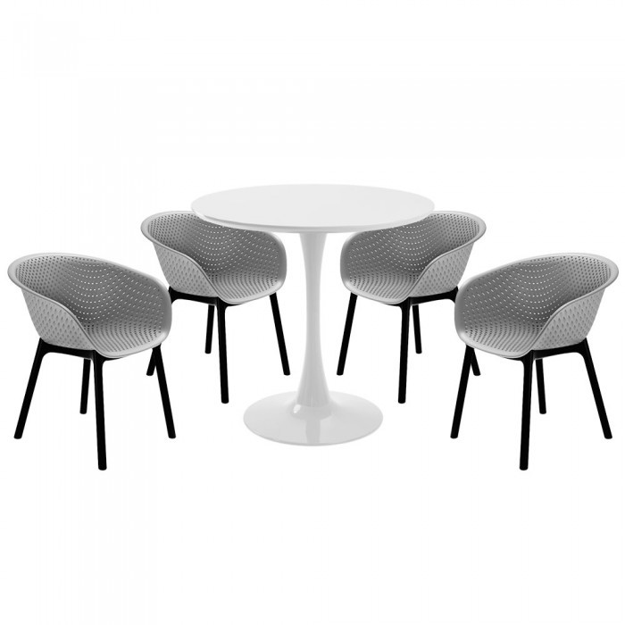 Set mobila bucatarie RAKI, masa rotunda alba D80xh76cm Nikko si 4 scaune polipropilena tip fotoliu Havana gri