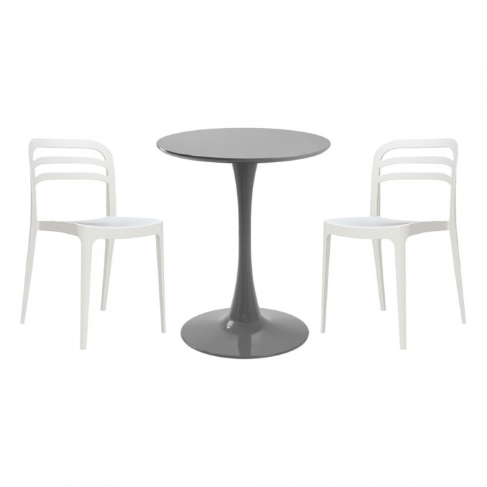 Set mobila bucatarie RAKI, masa rotunda gri D60xh76cm Nikko si 2 scaune polipropilena Aspen albe