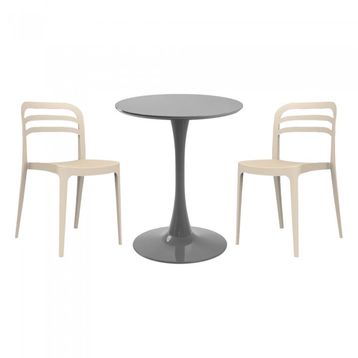 Set mobila bucatarie RAKI, masa rotunda gri D60xh76cm Nikko si 2 scaune polipropilena Aspen bej