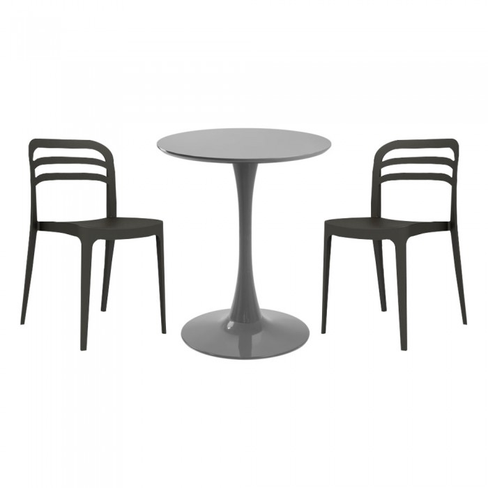 Set mobila bucatarie RAKI, masa rotunda gri D60xh76cm Nikko si 2 scaune polipropilena Aspen negre