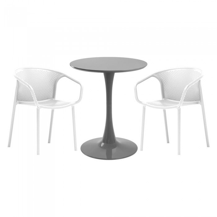 Set mobila bucatarie RAKI, masa rotunda gri D60xh76cm Nikko si 2 scaune polipropilena cu spatar rotunjit Chicago albe