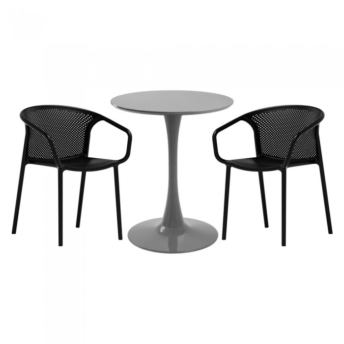 Set mobila bucatarie RAKI, masa rotunda gri D60xh76cm Nikko si 2 scaune polipropilena cu spatar rotunjit Chicago negre