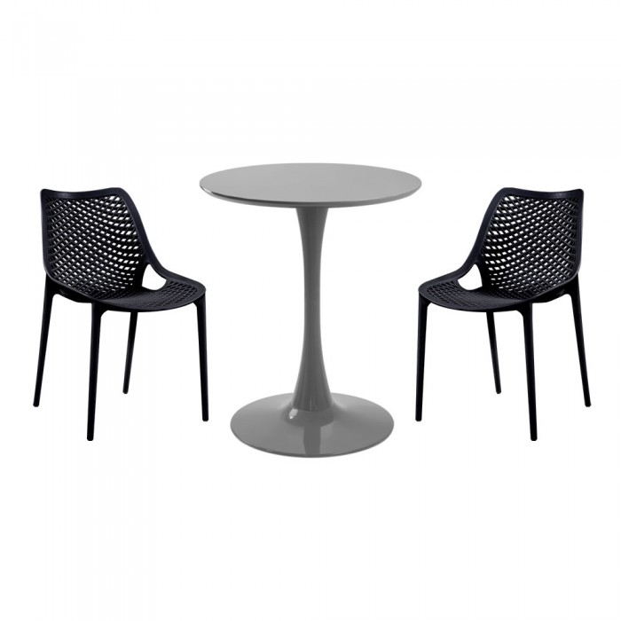 Set mobila bucatarie RAKI, masa rotunda gri D60xh76cm Nikko si 2 scaune polipropilena London Air negre