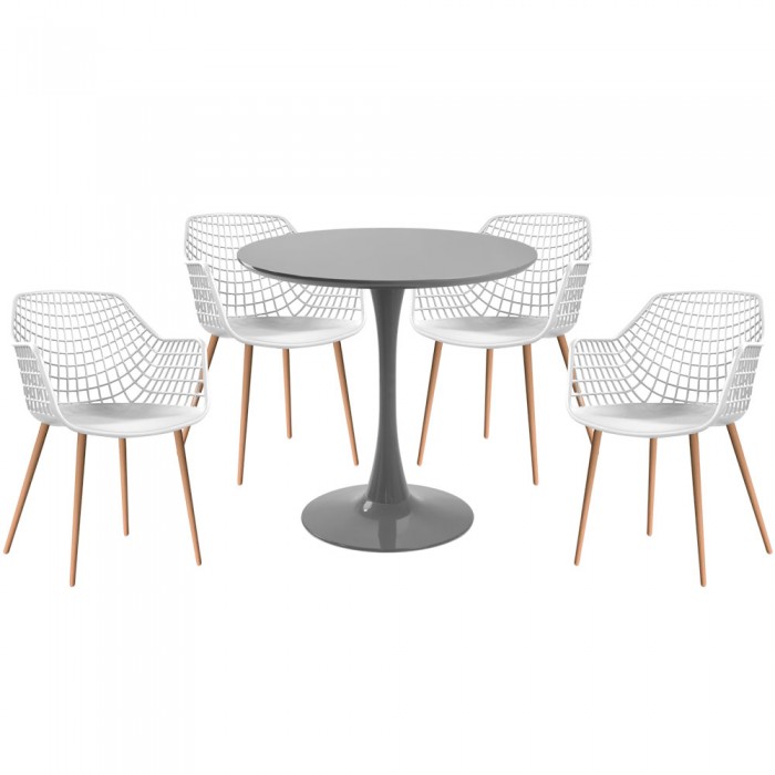 Set mobila bucatarie RAKI, masa rotunda gri D80xh76cm Nikko si 4 scaune polipropilena/picioare metalice Toyama albe