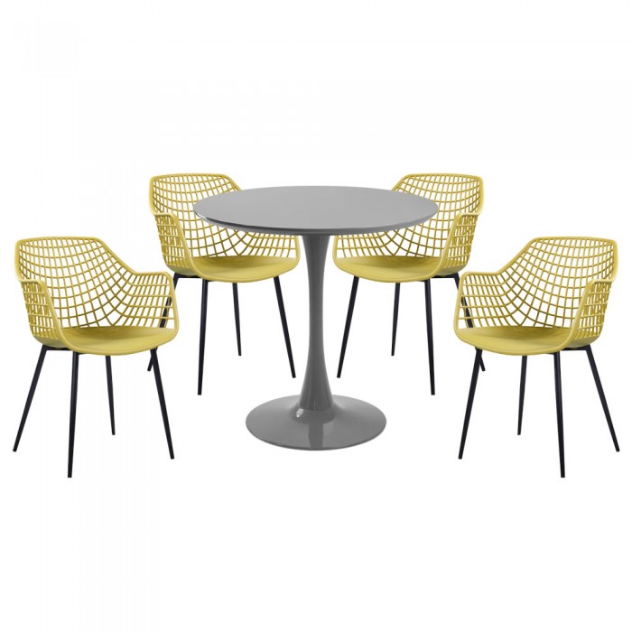 Set mobila bucatarie RAKI, masa rotunda gri D80xh76cm Nikko si 4 scaune polipropilena/picioare metalice Toyama galben/negru