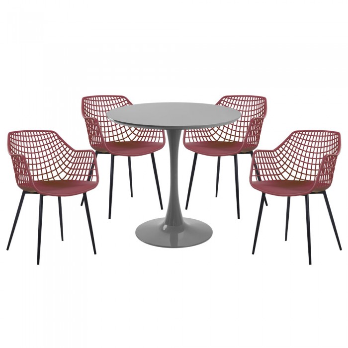 Set mobila bucatarie RAKI, masa rotunda gri D80xh76cm Nikko si 4 scaune polipropilena/picioare metalice Toyama mov/negru