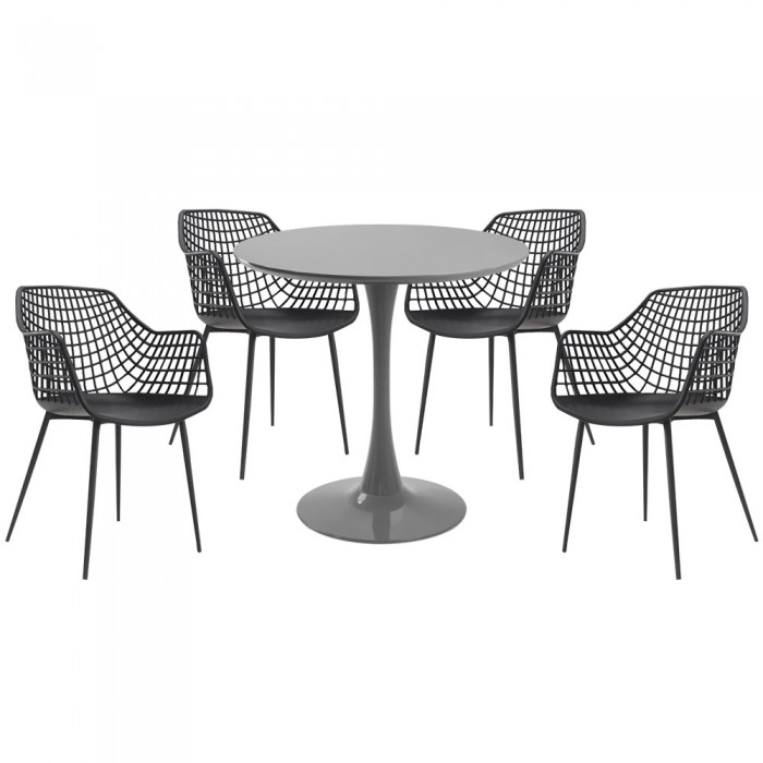 Set mobila bucatarie RAKI, masa rotunda gri D80xh76cm Nikko si 4 scaune polipropilena/picioare metalice Toyama negre