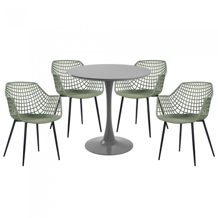 Set mobila bucatarie RAKI, masa rotunda gri D80xh76cm Nikko si 4 scaune polipropilena/picioare metalice Toyama verde/negru
