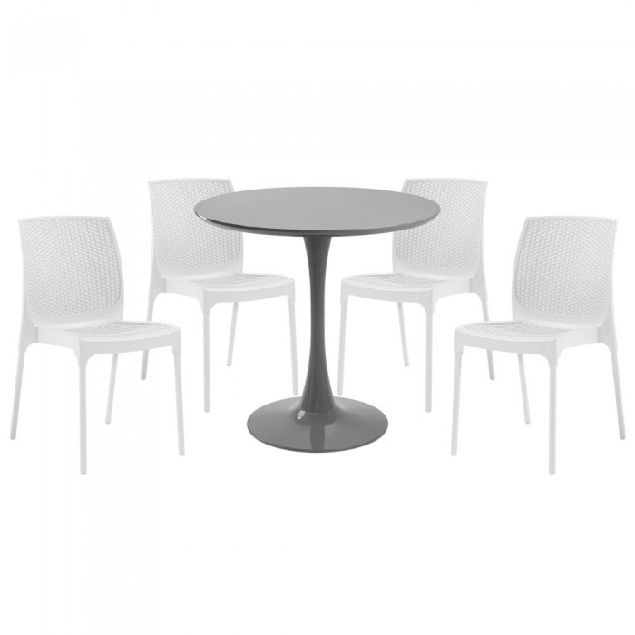 Set mobila bucatarie RAKI, masa rotunda gri D80xh76cm Nikko si 4 scaune polipropilena Sunny Rattan albe
