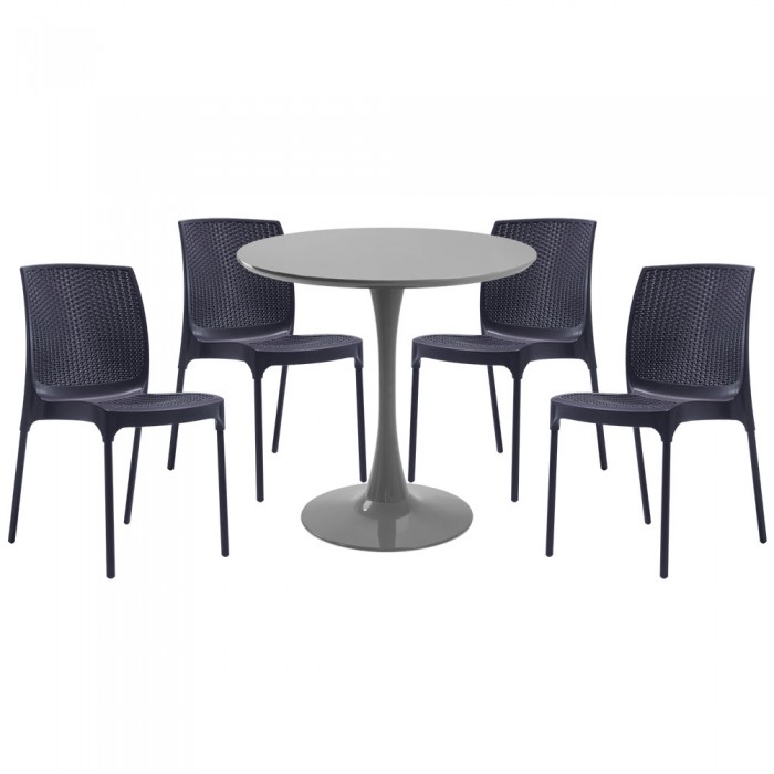 Set mobila bucatarie RAKI, masa rotunda gri D80xh76cm Nikko si 4 scaune polipropilena Sunny Rattan antracit