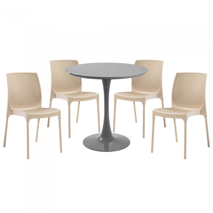Set mobila bucatarie RAKI, masa rotunda gri D80xh76cm Nikko si 4 scaune polipropilena Sunny Rattan cappuccino