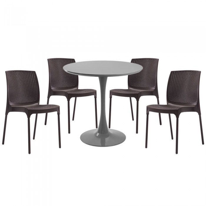 Set mobila bucatarie RAKI, masa rotunda gri D80xh76cm Nikko si 4 scaune polipropilena Sunny Rattan maro