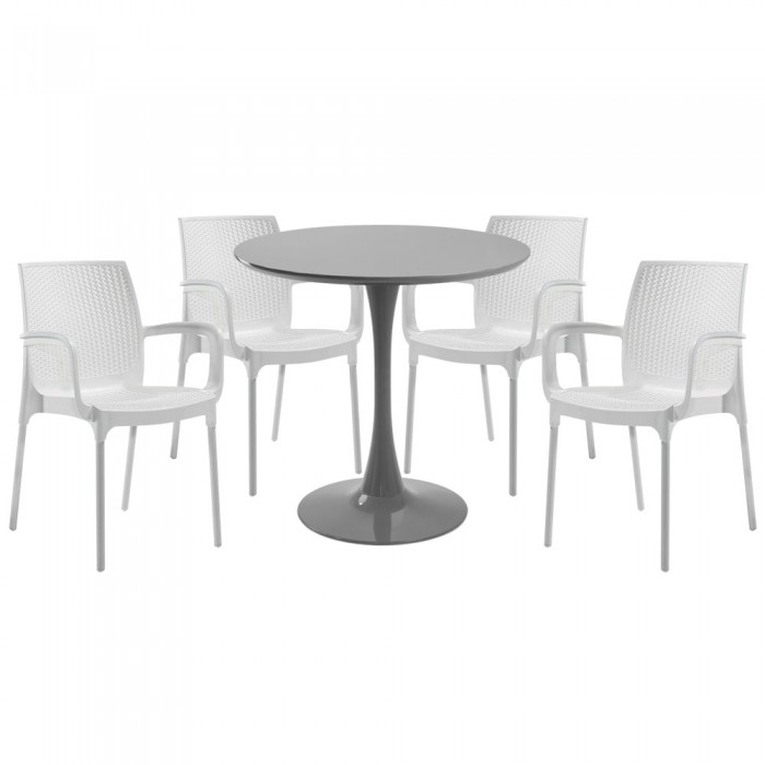 Set mobila bucatarie RAKI, masa rotunda gri D80xh76cm Nikko si 4 scaune polipropilena Sunset Rattan albe