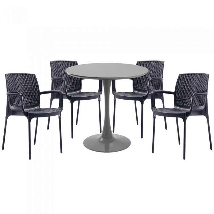 Set mobila bucatarie RAKI, masa rotunda gri D80xh76cm Nikko si 4 scaune polipropilena Sunset Rattan antracit