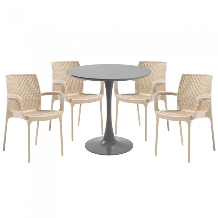 Set mobila bucatarie RAKI, masa rotunda gri D80xh76cm Nikko si 4 scaune polipropilena Sunset Rattan cappuccino
