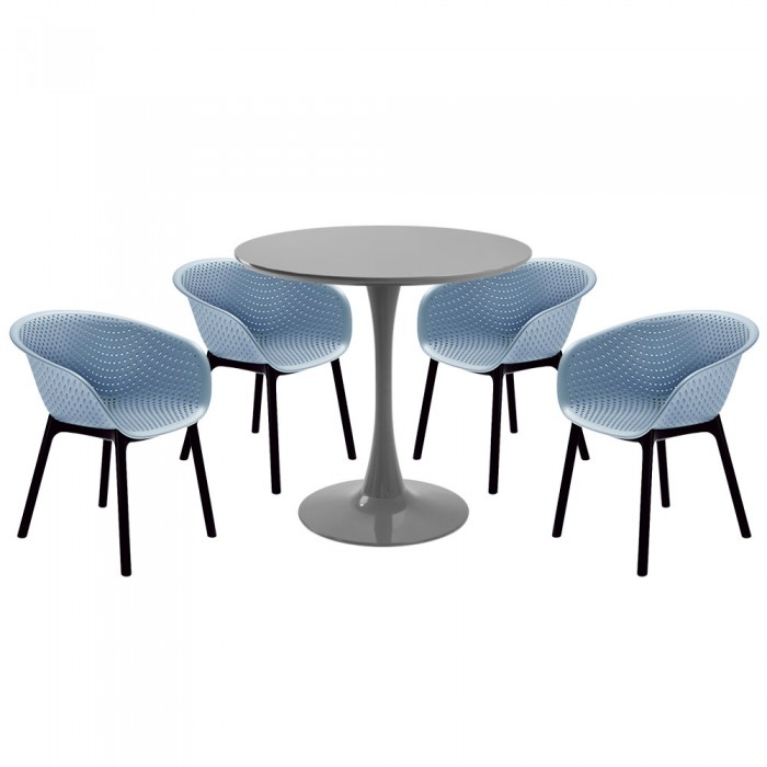 Set mobila bucatarie RAKI, masa rotunda gri D80xh76cm Nikko si 4 scaune polipropilena tip fotoliu Havana albastre