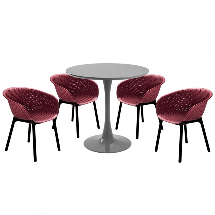 Set mobila bucatarie RAKI, masa rotunda gri D80xh76cm Nikko si 4 scaune polipropilena tip fotoliu Havana bordo