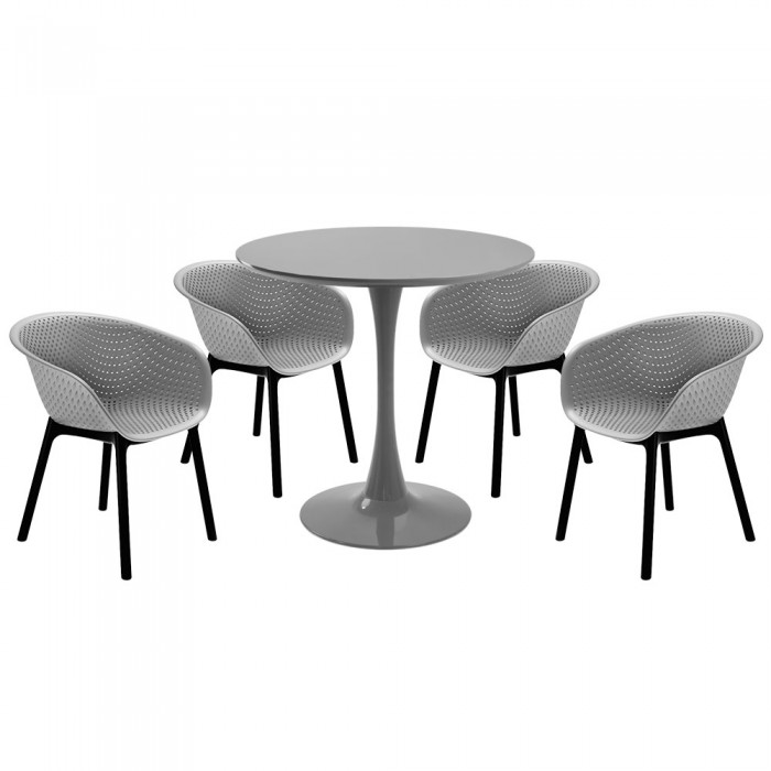 Set mobila bucatarie RAKI, masa rotunda gri D80xh76cm Nikko si 4 scaune polipropilena tip fotoliu Havana gri