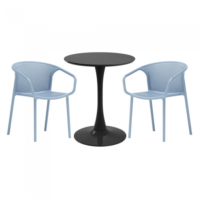 Set mobila bucatarie RAKI, masa rotunda neagra D60xh76cm Nikko si 2 scaune polipropilena cu spatar rotunjit Chicago albastre
