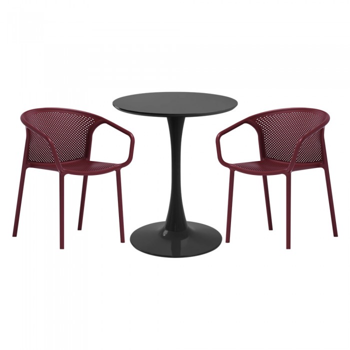 Set mobila bucatarie RAKI, masa rotunda neagra D60xh76cm Nikko si 2 scaune polipropilena cu spatar rotunjit Chicago bordo