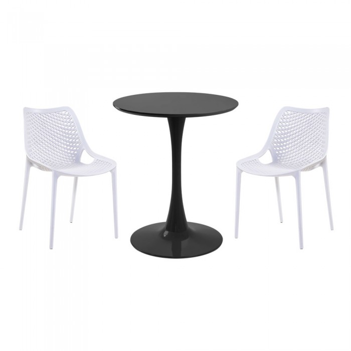Set mobila bucatarie RAKI, masa rotunda neagra D60xh76cm Nikko si 2 scaune polipropilena London Air albe
