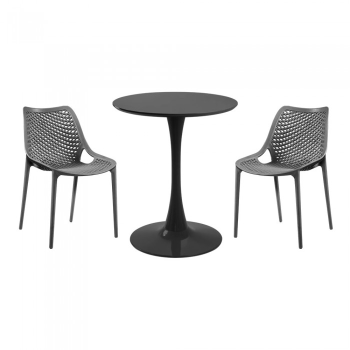 Set mobila bucatarie RAKI, masa rotunda neagra D60xh76cm Nikko si 2 scaune polipropilena London Air gri