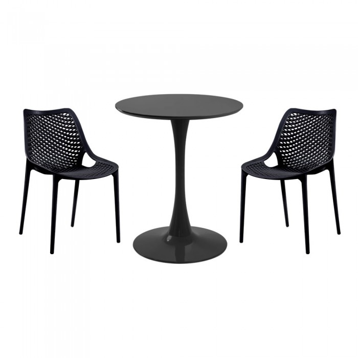Set mobila bucatarie RAKI, masa rotunda neagra D60xh76cm Nikko si 2 scaune polipropilena London Air negre