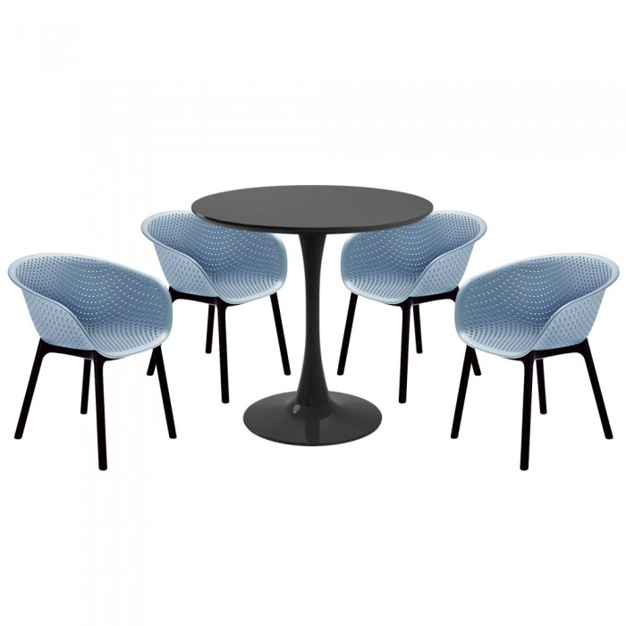 Set mobila bucatarie RAKI, masa rotunda neagra D80xh76cm Nikko si 4 scaune polipropilena tip fotoliu Havana albastre