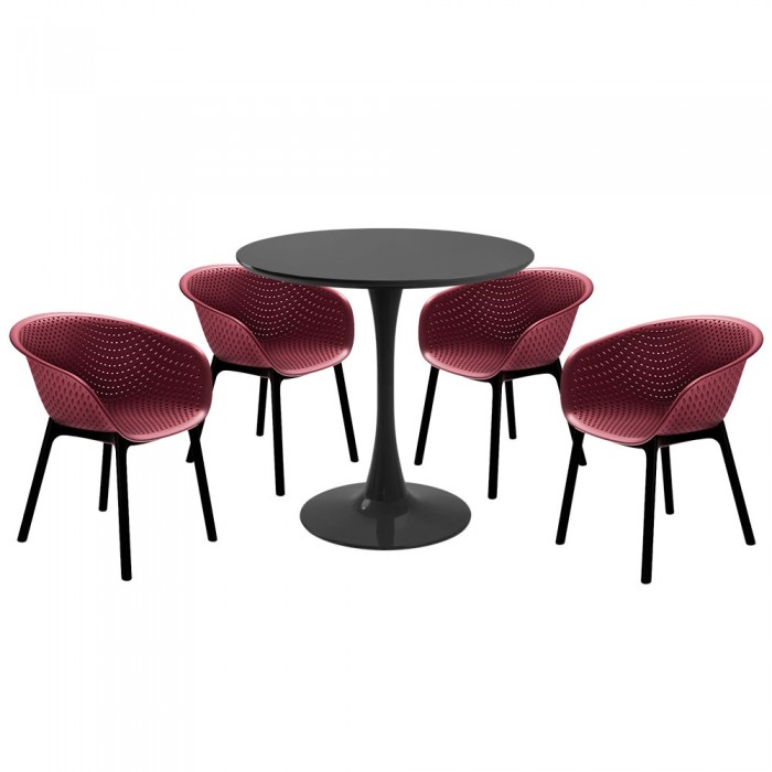 Set mobila bucatarie RAKI, masa rotunda neagra D80xh76cm Nikko si 4 scaune polipropilena tip fotoliu Havana bordo