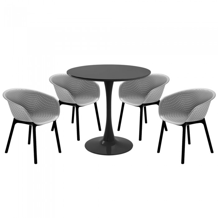 Set mobila bucatarie RAKI, masa rotunda neagra D80xh76cm Nikko si 4 scaune polipropilena tip fotoliu Havana gri