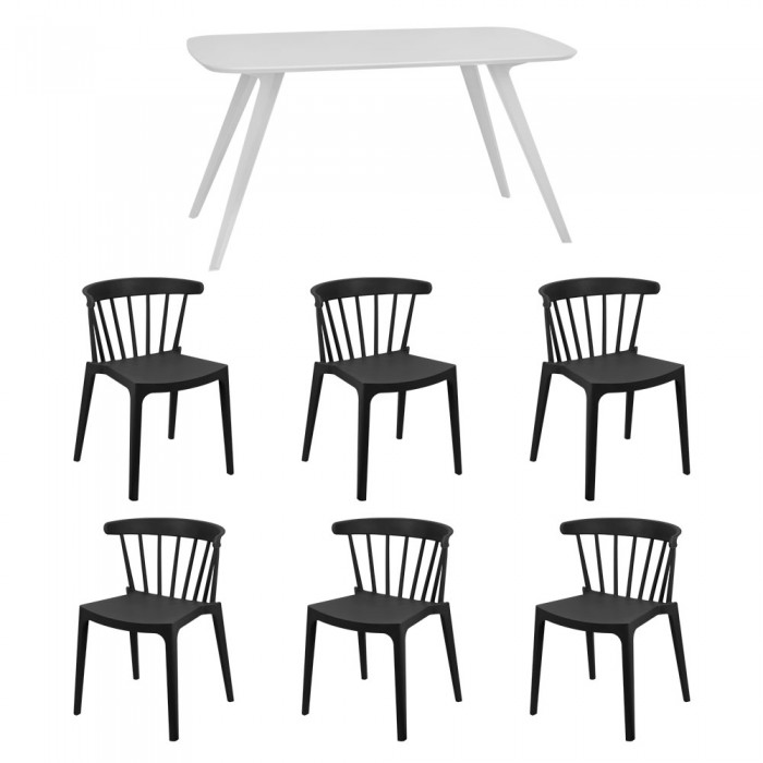 Set mobila bucatarie/sufragerie RAKI, masa alba 140x80xh75cm Keatley MDF/metal si 6 scaune polipropilena Aspen negre 53х53хh75cm