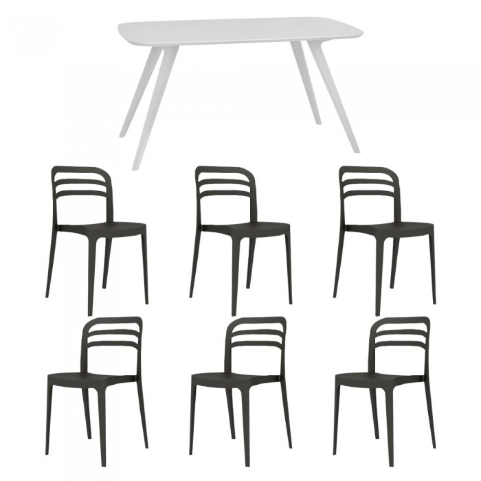 Set mobila bucatarie/sufragerie RAKI, masa alba 140x80xh75cm Keatley MDF/metal si 6 scaune polipropilena Aspen 46x51xh82cm negre