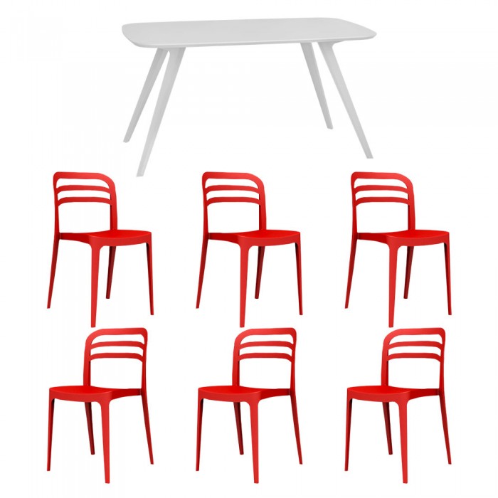 Set mobila bucatarie/sufragerie RAKI, masa alba 140x80xh75cm Keatley MDF/metal si 6 scaune polipropilena Aspen 46x51xh82cm rosii