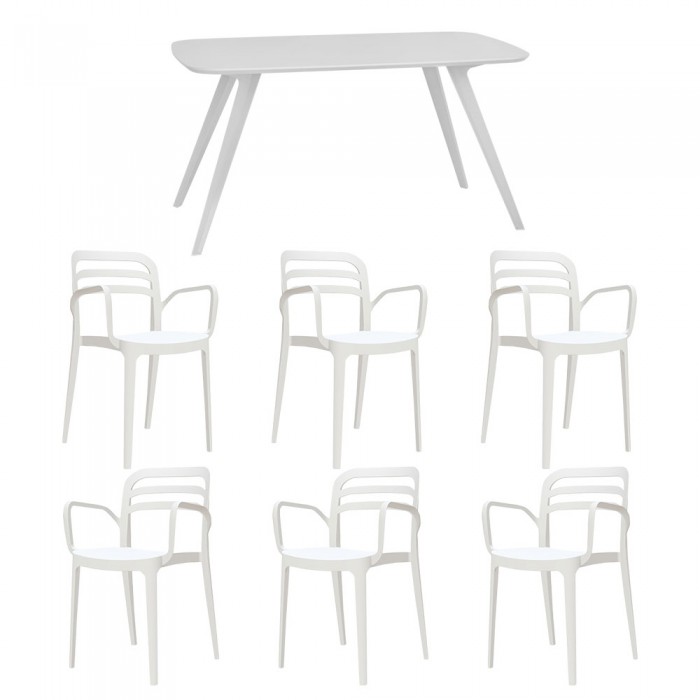 Set mobila bucatarie/sufragerie RAKI, masa alba 140x80xh75cm Keatley MDF/metal si 6 scaune polipropilena Aspendos 54x51xh82cm albe