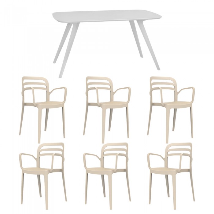 Set mobila bucatarie/sufragerie RAKI, masa alba 140x80xh75cm Keatley MDF/metal si 6 scaune polipropilena Aspendos 54x51xh82cm bej