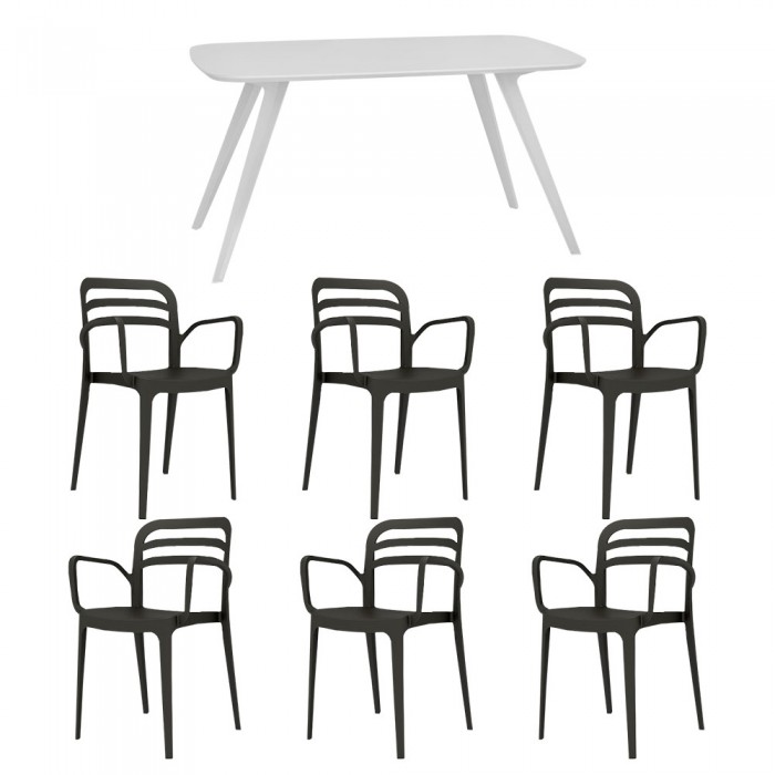 Set mobila bucatarie/sufragerie RAKI, masa alba 140x80xh75cm Keatley MDF/metal si 6 scaune polipropilena Aspendos 54x51xh82cm negre