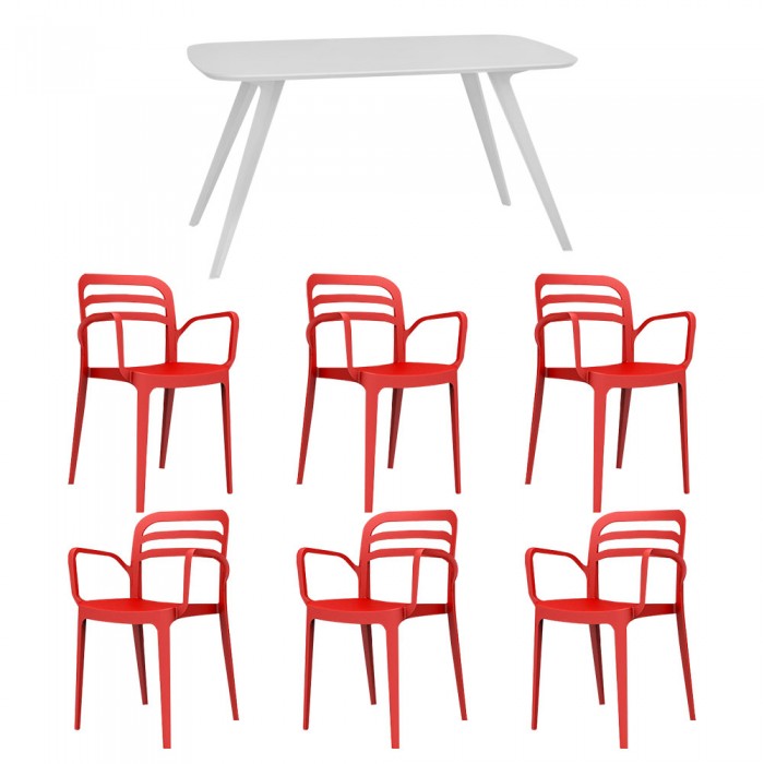 Set mobila bucatarie/sufragerie RAKI, masa alba 140x80xh75cm Keatley MDF/metal si 6 scaune polipropilena Aspendos 54x51xh82cm rosii