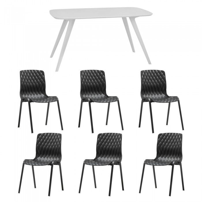Set mobila bucatarie/sufragerie RAKI, masa alba 140x80xh75cm Keatley MDF/metal si 6 scaune polipropilena cu picioare metalice Royal 50x52xh83cm negre