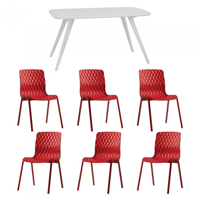 Set mobila bucatarie/sufragerie RAKI, masa alba 140x80xh75cm Keatley MDF/metal si 6 scaune polipropilena cu picioare metalice Royal 50x52xh83cm rosii